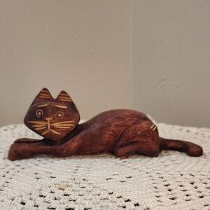 Hand Carved Cat Wooden Laying Down Figurine 6.5"